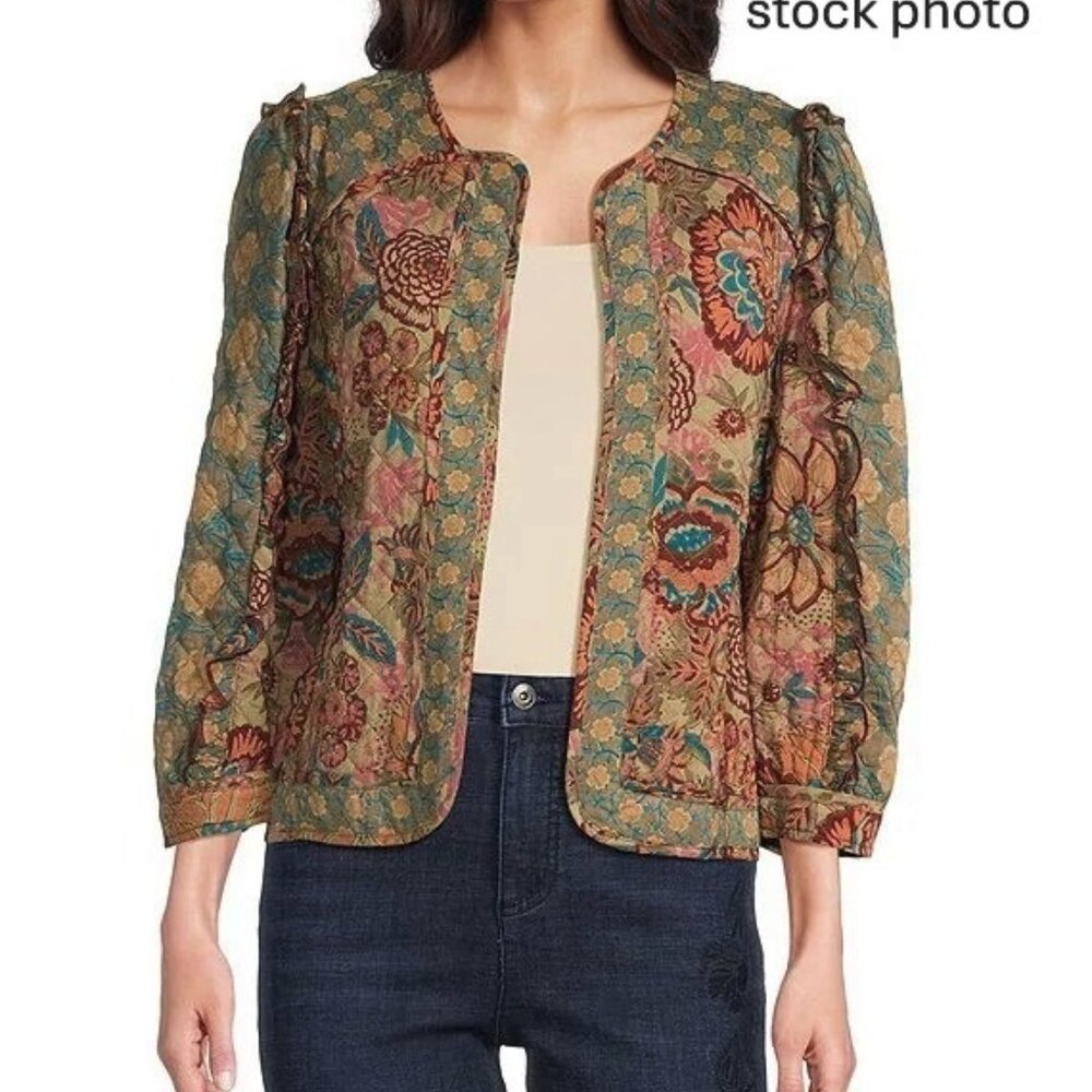 John Mark Multicolor Wild Side Ruffle Floral Quilted Jacket Womens XL NEW